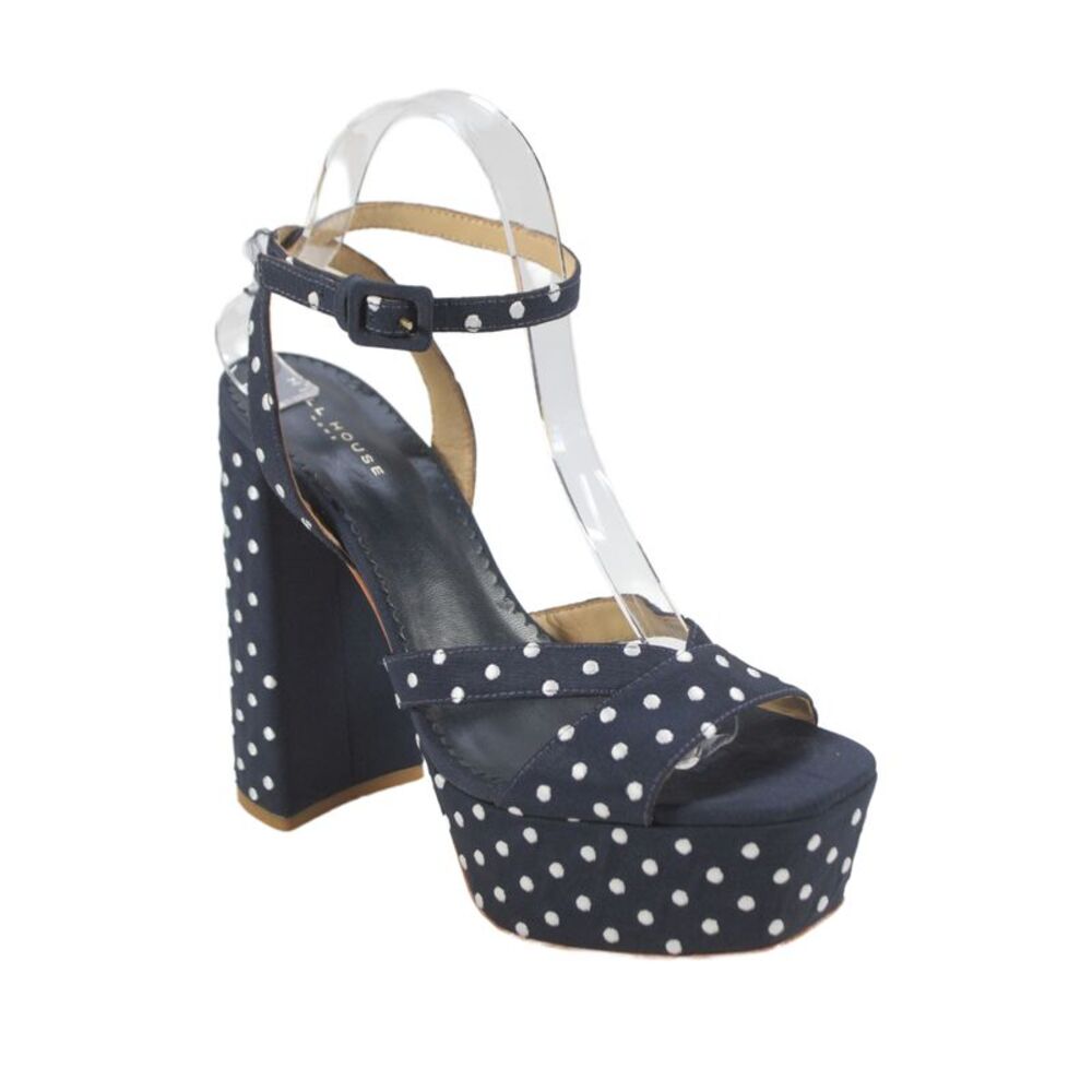 Hill House Womens Block Heel Platform Polka Dot Ankle Strap Sandals Navy Size 40